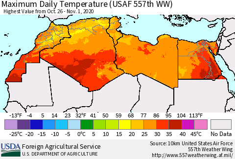 North Africa Maximum Daily Temperature (USAF 557th WW) Thematic Map For 10/26/2020 - 11/1/2020