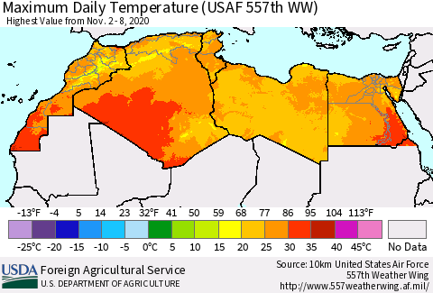 North Africa Maximum Daily Temperature (USAF 557th WW) Thematic Map For 11/2/2020 - 11/8/2020