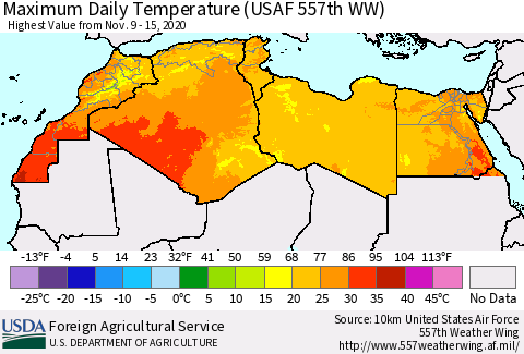 North Africa Maximum Daily Temperature (USAF 557th WW) Thematic Map For 11/9/2020 - 11/15/2020