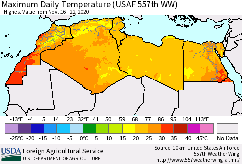 North Africa Maximum Daily Temperature (USAF 557th WW) Thematic Map For 11/16/2020 - 11/22/2020