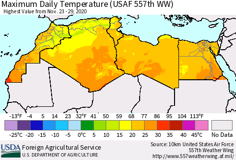 North Africa Maximum Daily Temperature (USAF 557th WW) Thematic Map For 11/23/2020 - 11/29/2020