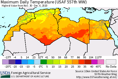 North Africa Maximum Daily Temperature (USAF 557th WW) Thematic Map For 11/30/2020 - 12/6/2020