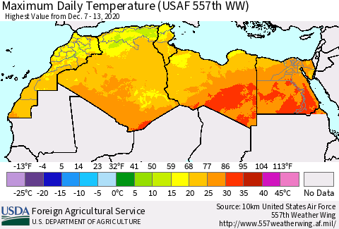 North Africa Maximum Daily Temperature (USAF 557th WW) Thematic Map For 12/7/2020 - 12/13/2020