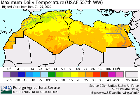 North Africa Maximum Daily Temperature (USAF 557th WW) Thematic Map For 12/21/2020 - 12/27/2020