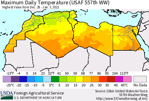 North Africa Maximum Daily Temperature (USAF 557th WW) Thematic Map For 12/28/2020 - 1/3/2021