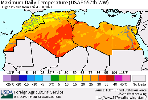North Africa Maximum Daily Temperature (USAF 557th WW) Thematic Map For 1/4/2021 - 1/10/2021