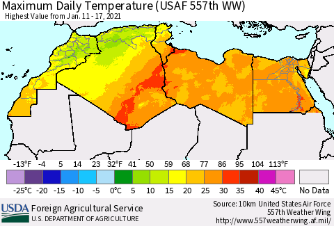 North Africa Maximum Daily Temperature (USAF 557th WW) Thematic Map For 1/11/2021 - 1/17/2021