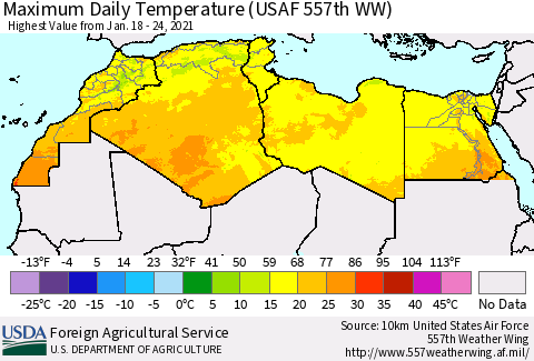 North Africa Maximum Daily Temperature (USAF 557th WW) Thematic Map For 1/18/2021 - 1/24/2021