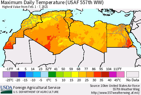 North Africa Maximum Daily Temperature (USAF 557th WW) Thematic Map For 2/1/2021 - 2/7/2021