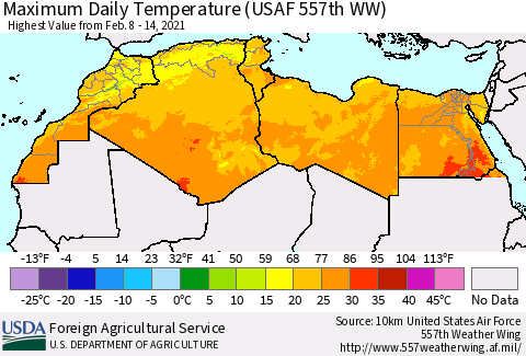 North Africa Maximum Daily Temperature (USAF 557th WW) Thematic Map For 2/8/2021 - 2/14/2021