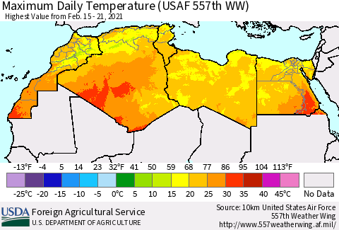 North Africa Maximum Daily Temperature (USAF 557th WW) Thematic Map For 2/15/2021 - 2/21/2021
