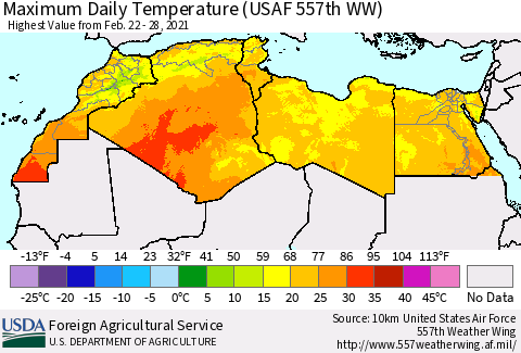 North Africa Maximum Daily Temperature (USAF 557th WW) Thematic Map For 2/22/2021 - 2/28/2021