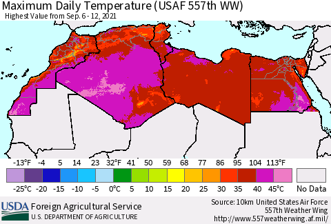 North Africa Maximum Daily Temperature (USAF 557th WW) Thematic Map For 9/6/2021 - 9/12/2021