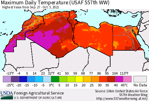 North Africa Maximum Daily Temperature (USAF 557th WW) Thematic Map For 9/27/2021 - 10/3/2021