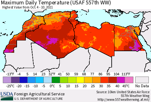 North Africa Maximum Daily Temperature (USAF 557th WW) Thematic Map For 10/4/2021 - 10/10/2021