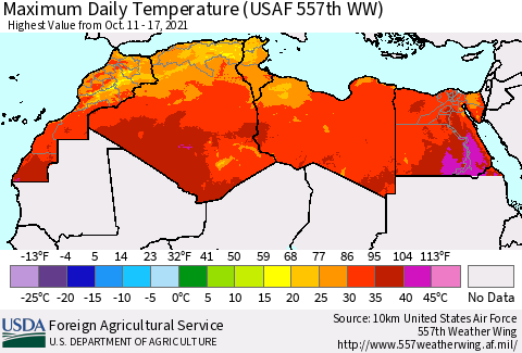 North Africa Maximum Daily Temperature (USAF 557th WW) Thematic Map For 10/11/2021 - 10/17/2021