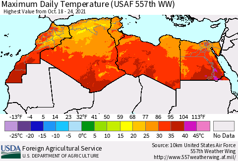 North Africa Maximum Daily Temperature (USAF 557th WW) Thematic Map For 10/18/2021 - 10/24/2021