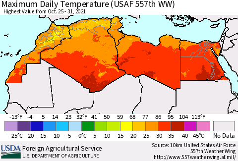 North Africa Maximum Daily Temperature (USAF 557th WW) Thematic Map For 10/25/2021 - 10/31/2021