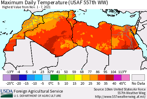 North Africa Maximum Daily Temperature (USAF 557th WW) Thematic Map For 11/1/2021 - 11/7/2021