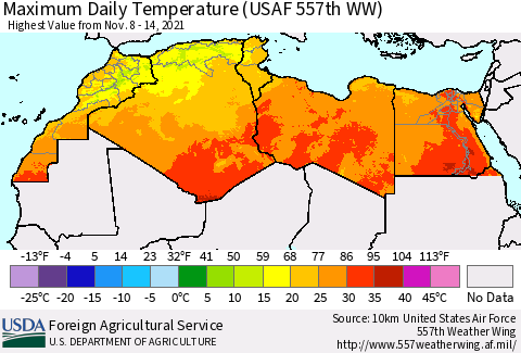 North Africa Maximum Daily Temperature (USAF 557th WW) Thematic Map For 11/8/2021 - 11/14/2021