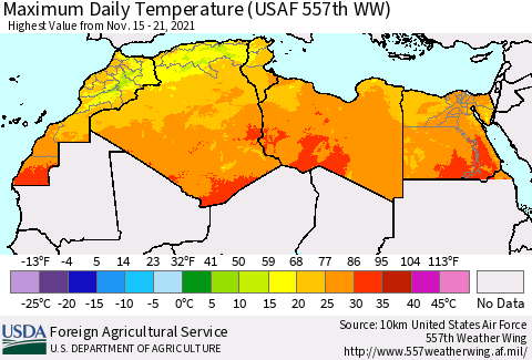 North Africa Maximum Daily Temperature (USAF 557th WW) Thematic Map For 11/15/2021 - 11/21/2021