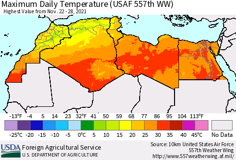 North Africa Maximum Daily Temperature (USAF 557th WW) Thematic Map For 11/22/2021 - 11/28/2021