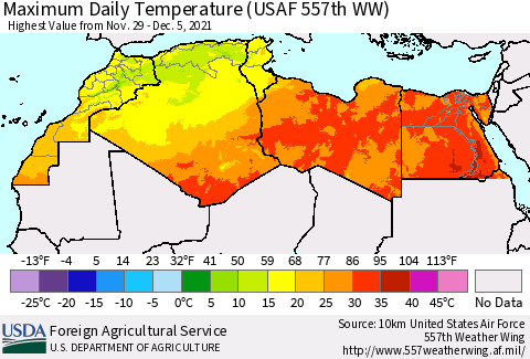 North Africa Maximum Daily Temperature (USAF 557th WW) Thematic Map For 11/29/2021 - 12/5/2021