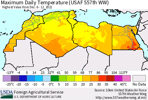 North Africa Maximum Daily Temperature (USAF 557th WW) Thematic Map For 12/6/2021 - 12/12/2021