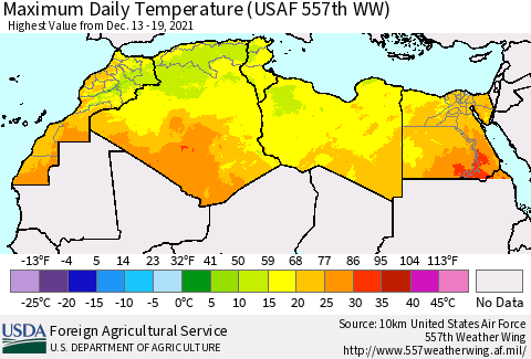 North Africa Maximum Daily Temperature (USAF 557th WW) Thematic Map For 12/13/2021 - 12/19/2021