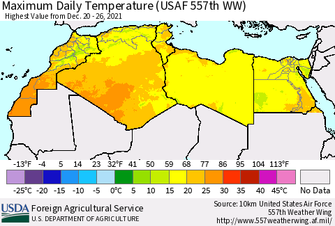 North Africa Maximum Daily Temperature (USAF 557th WW) Thematic Map For 12/20/2021 - 12/26/2021