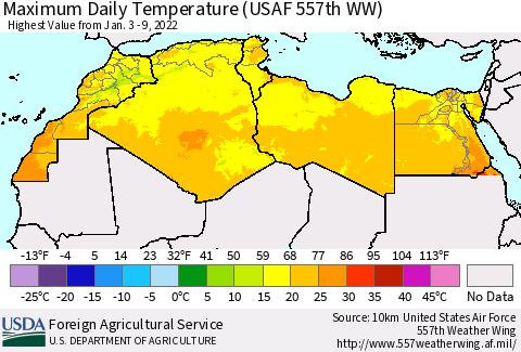 North Africa Maximum Daily Temperature (USAF 557th WW) Thematic Map For 1/3/2022 - 1/9/2022