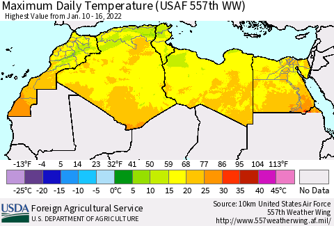 North Africa Maximum Daily Temperature (USAF 557th WW) Thematic Map For 1/10/2022 - 1/16/2022