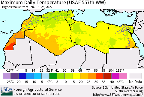 North Africa Maximum Daily Temperature (USAF 557th WW) Thematic Map For 1/17/2022 - 1/23/2022