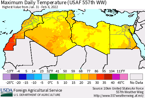 North Africa Maximum Daily Temperature (USAF 557th WW) Thematic Map For 1/31/2022 - 2/6/2022