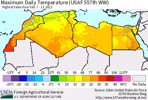 North Africa Maximum Daily Temperature (USAF 557th WW) Thematic Map For 2/7/2022 - 2/13/2022