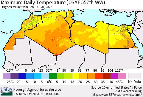 North Africa Maximum Daily Temperature (USAF 557th WW) Thematic Map For 2/14/2022 - 2/20/2022