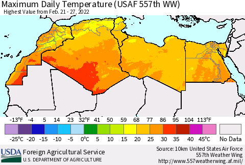 North Africa Maximum Daily Temperature (USAF 557th WW) Thematic Map For 2/21/2022 - 2/27/2022