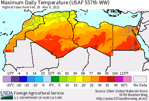 North Africa Maximum Daily Temperature (USAF 557th WW) Thematic Map For 2/28/2022 - 3/6/2022