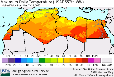 North Africa Maximum Daily Temperature (USAF 557th WW) Thematic Map For 3/7/2022 - 3/13/2022