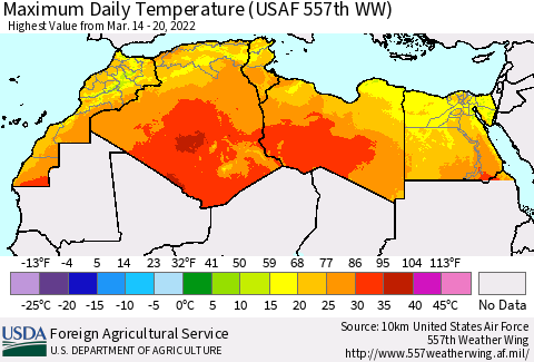 North Africa Maximum Daily Temperature (USAF 557th WW) Thematic Map For 3/14/2022 - 3/20/2022