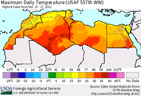 North Africa Maximum Daily Temperature (USAF 557th WW) Thematic Map For 3/21/2022 - 3/27/2022