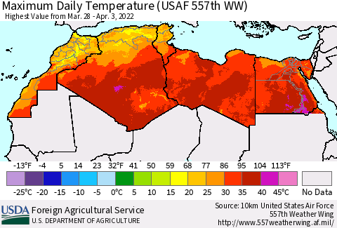 North Africa Maximum Daily Temperature (USAF 557th WW) Thematic Map For 3/28/2022 - 4/3/2022