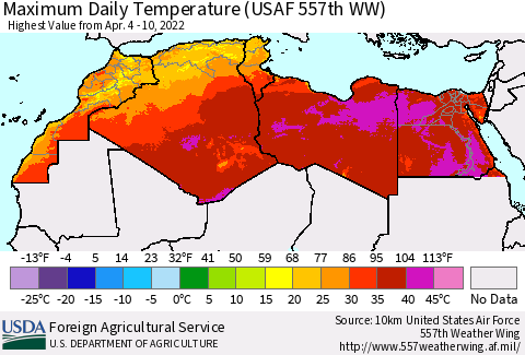 North Africa Maximum Daily Temperature (USAF 557th WW) Thematic Map For 4/4/2022 - 4/10/2022