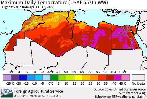 North Africa Maximum Daily Temperature (USAF 557th WW) Thematic Map For 4/11/2022 - 4/17/2022
