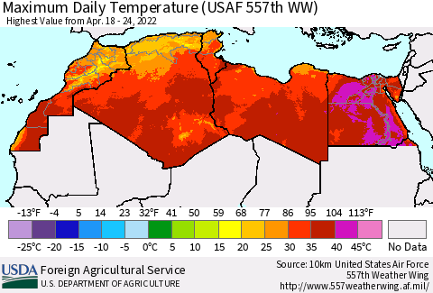 North Africa Maximum Daily Temperature (USAF 557th WW) Thematic Map For 4/18/2022 - 4/24/2022
