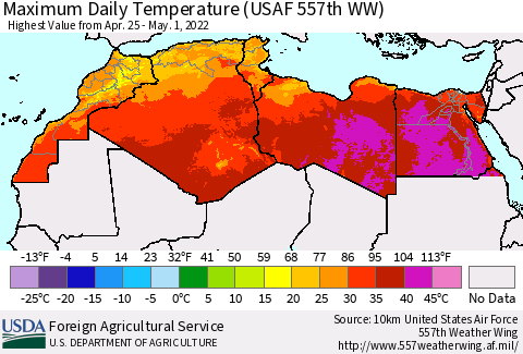 North Africa Maximum Daily Temperature (USAF 557th WW) Thematic Map For 4/25/2022 - 5/1/2022