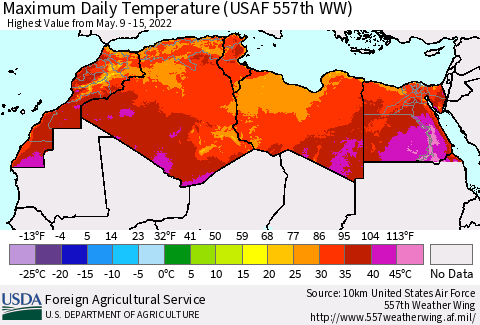North Africa Maximum Daily Temperature (USAF 557th WW) Thematic Map For 5/9/2022 - 5/15/2022