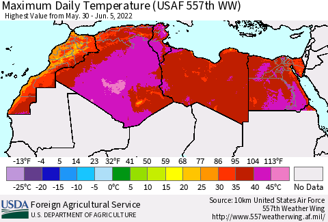 North Africa Maximum Daily Temperature (USAF 557th WW) Thematic Map For 5/30/2022 - 6/5/2022