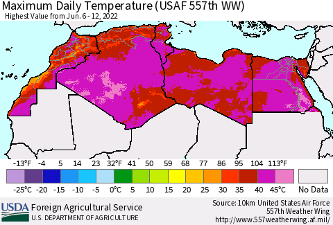 North Africa Maximum Daily Temperature (USAF 557th WW) Thematic Map For 6/6/2022 - 6/12/2022