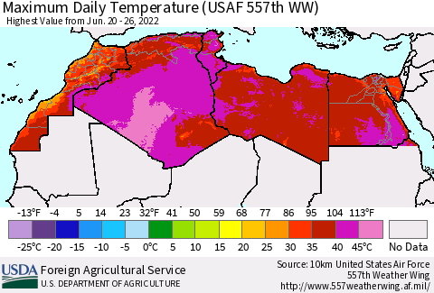 North Africa Maximum Daily Temperature (USAF 557th WW) Thematic Map For 6/20/2022 - 6/26/2022